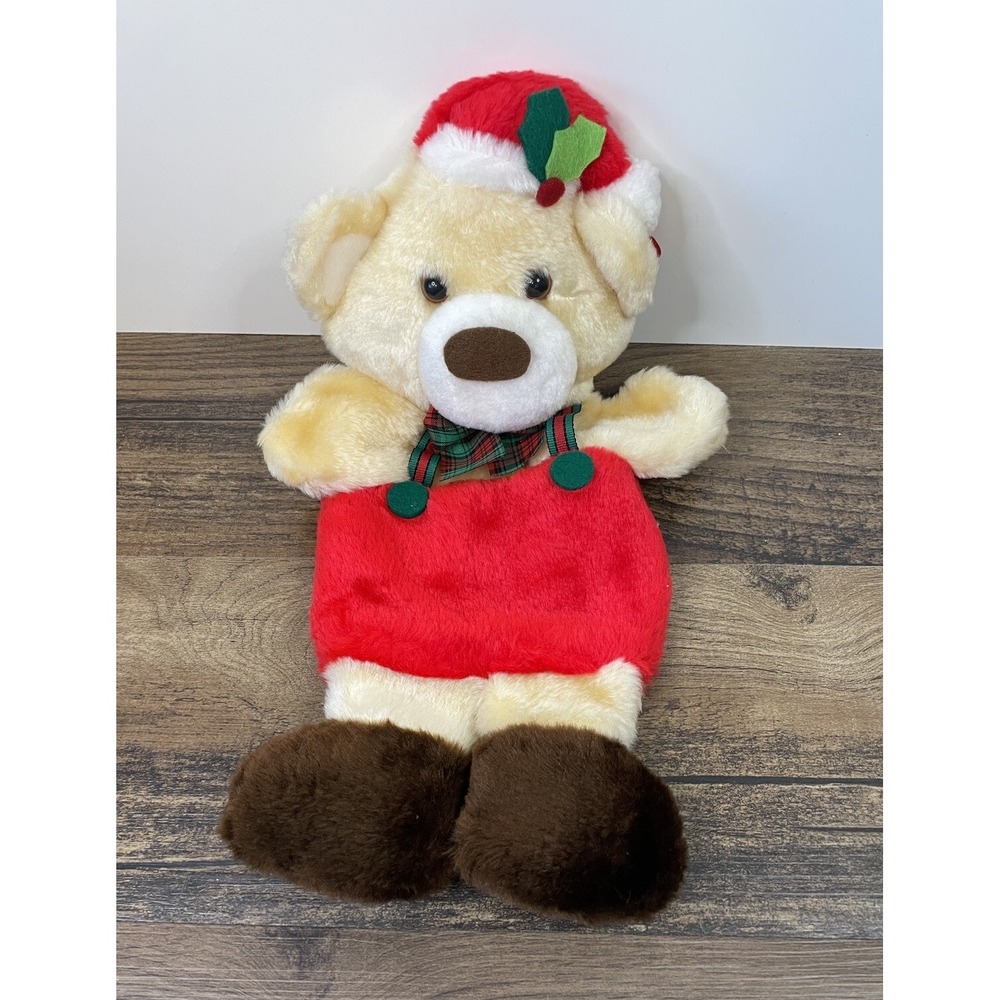 Vintage Santa's Best 14" Tan Cream Teddy Bear Stocking Puppet Hang Overalls